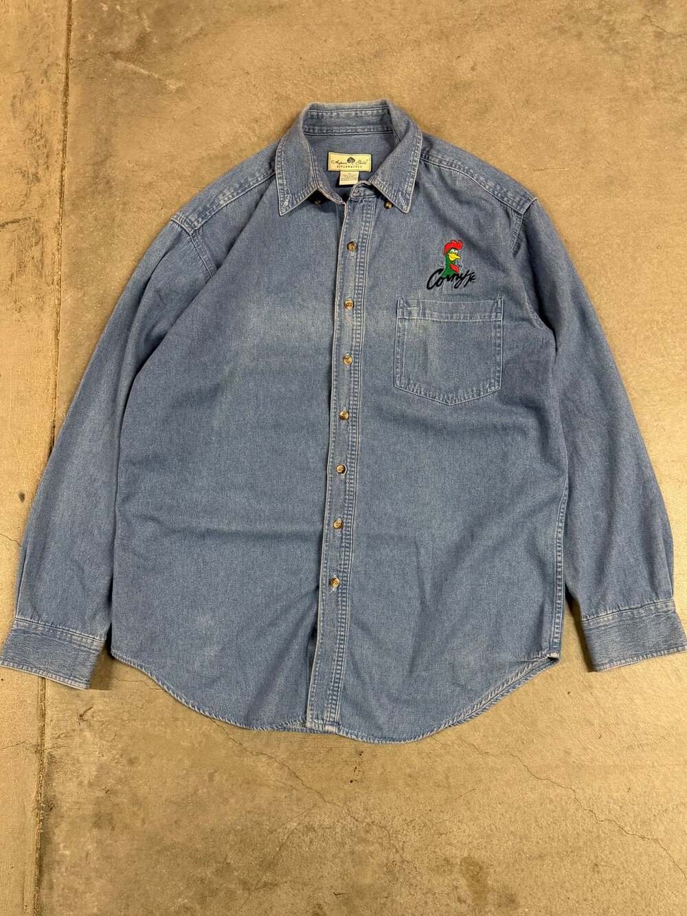 VTG Kellogg's Corn Flakes Corny Embroidered Denim Jean Button Up Shirt - M